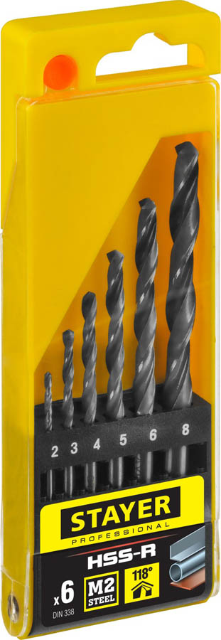 STAYER 6 шт. (Ø 2-8 мм), HSS-R, набор сверл спиральных по металлу 29602-H6_z01 купить по цене 660 ₽ в интернет магазине ТЕХСАД