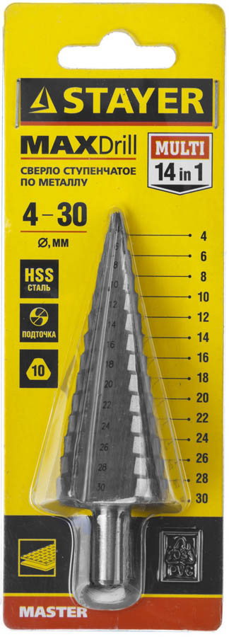 STAYER 4-30 мм, 14 ступеней, HSS, сверло ступенчатое 29660-4-30-14 Master купить по цене 1 660 ₽ в интернет магазине ТЕХСАД