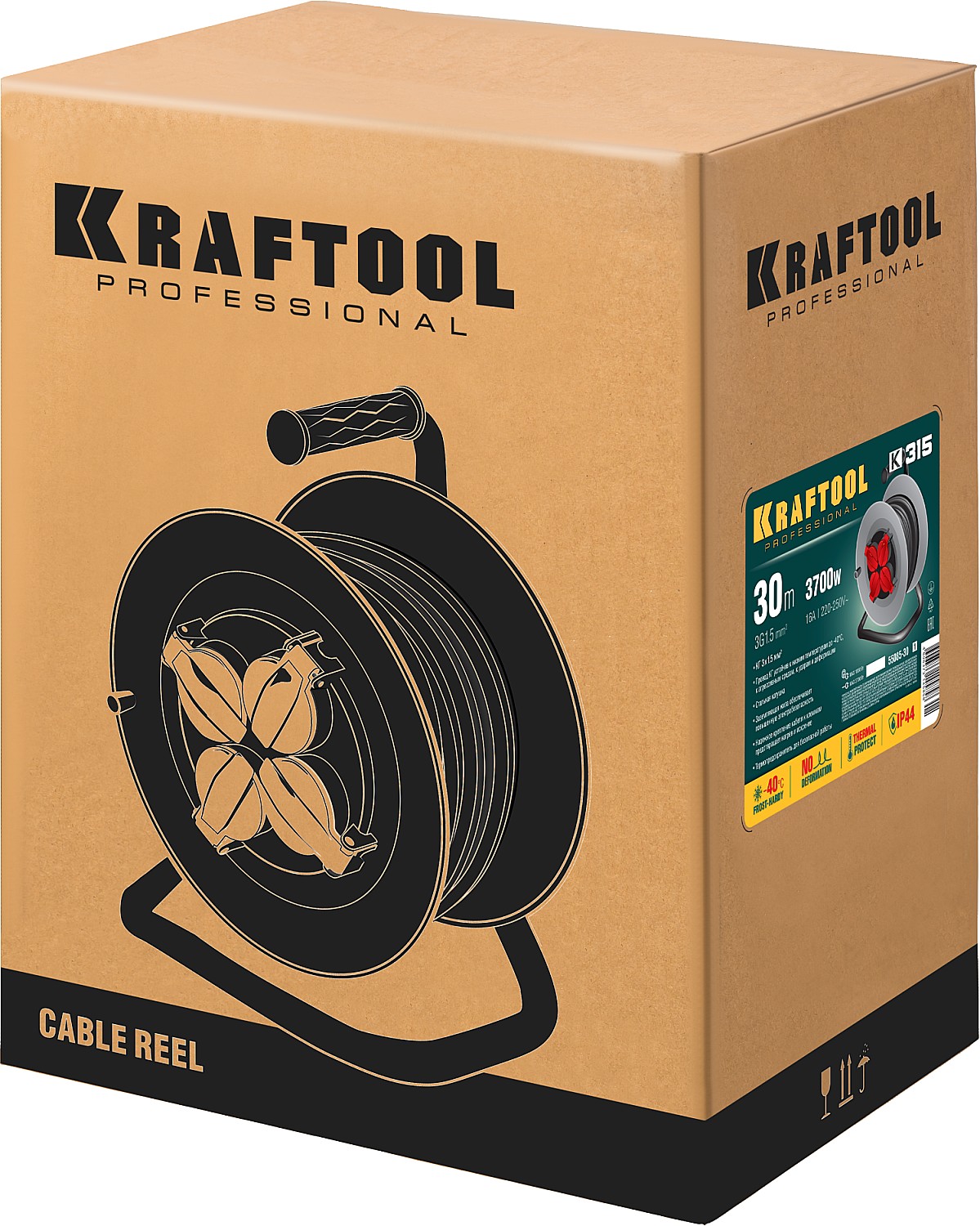 KRAFTOOL 30 м, 3700 Вт, 4 гнезда, IP44, КГ 3x1,5 кв мм, удлинитель на катушке 55085-30_z01 купить по цене 8&nbsp;970 ₽ в интернет магазине ТЕХСАД