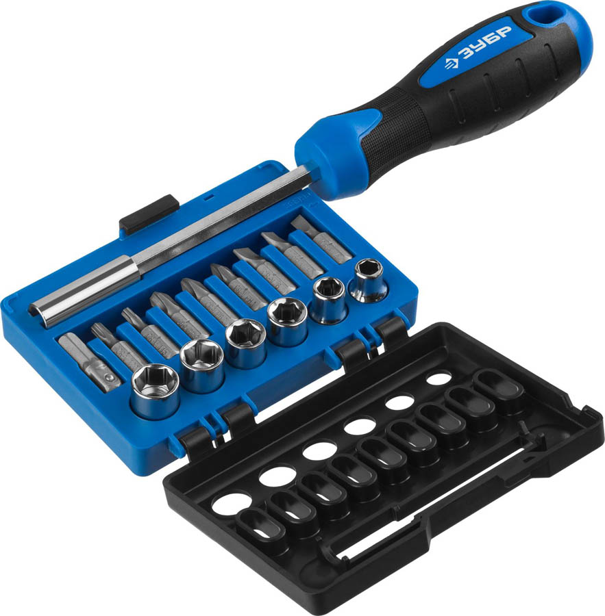 ЗУБР 16 предметов, двухкомпонентная рукоятка, в блистере, набор: битодержатель с битами и головками 25216 ЗУБР 16 предметов, двухкомпонентная рукоятка, в блистере, набор: битодержатель с битами и головками 25216 купить по цене 720 ₽ в интернет магазине ТЕХСАД