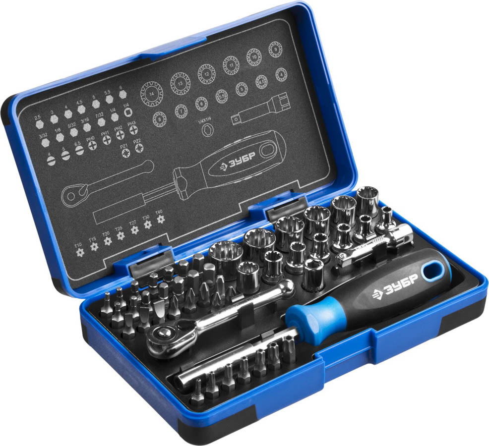 ЗУБР 47 шт, набор отверток с двухкомп рукояткой, насадки и мини трещоткой 25283-H47 купить по цене 1 414 ₽ в интернет магазине ТЕХСАД