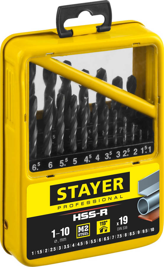 STAYER 19 шт. (Ø 1-10 мм), HSS-R, набор сверл спиральных по металлу 29602-H19-M_z01 купить по цене 2 540 ₽ в интернет магазине ТЕХСАД