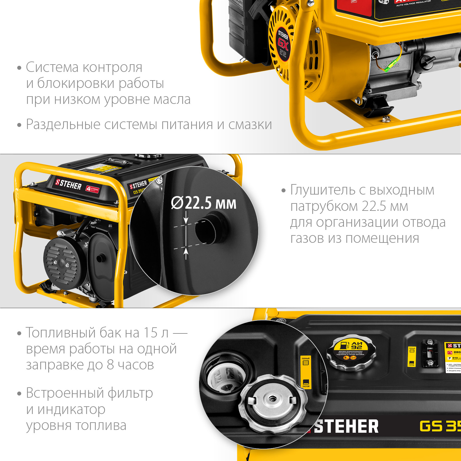 STEHER 2.5/2.8 кВт, однофазный, синхронный, щеточный, бензиновый генератор GS-3500 купить по цене 26 970 ₽ в интернет магазине ТЕХСАД