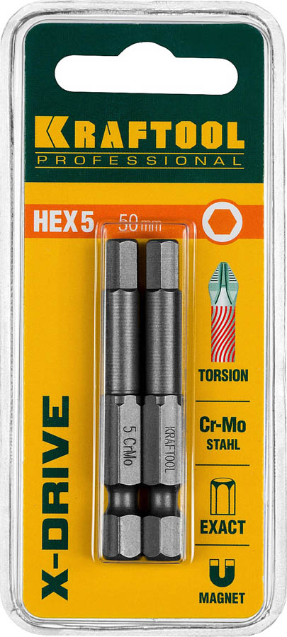 KRAFTOOL HEX5, 50 мм, 2 шт., кованые профессиональные биты X-DRIVE 26127-5-50-2 купить по цене 274 ₽ в интернет магазине ТЕХСАД