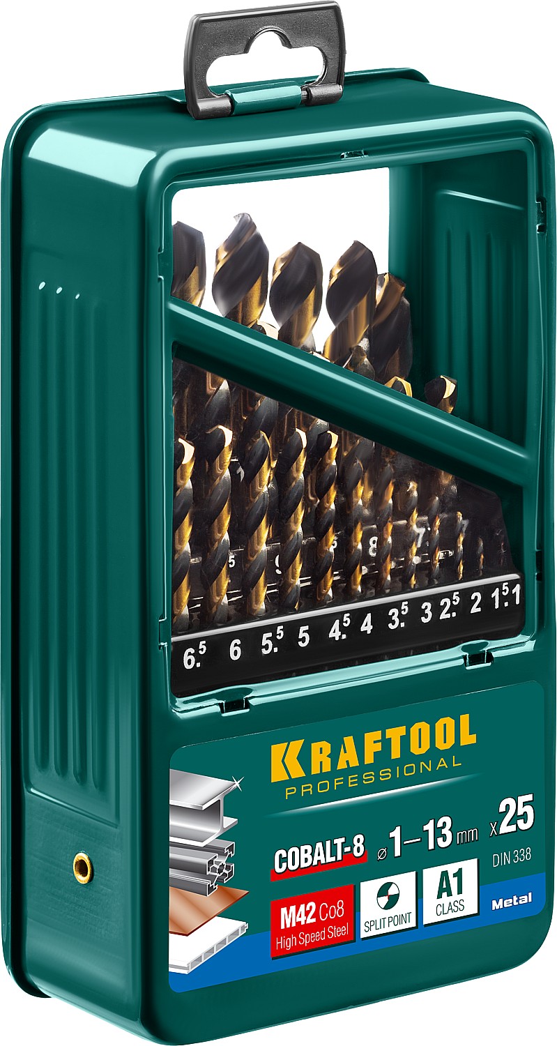 KRAFTOOL 25 шт. (Ø 1-13 мм), класс A, HSS-Co(8%), набор сверл по металлу 29656-H25 купить по цене 10 910 ₽ в интернет магазине ТЕХСАД
