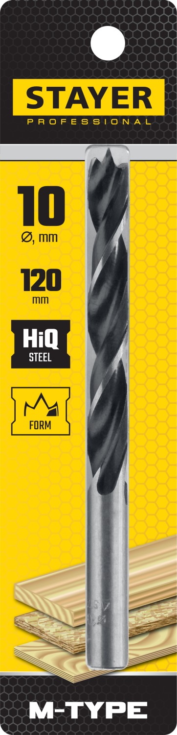STAYER d=10 х 120/75 мм, М-образная заточка, сталь HCS, спиральное сверло по дереву ''M-type'' 2942-120-10_z02 купить по цене 96 ₽ в интернет магазине ТЕХСАД
