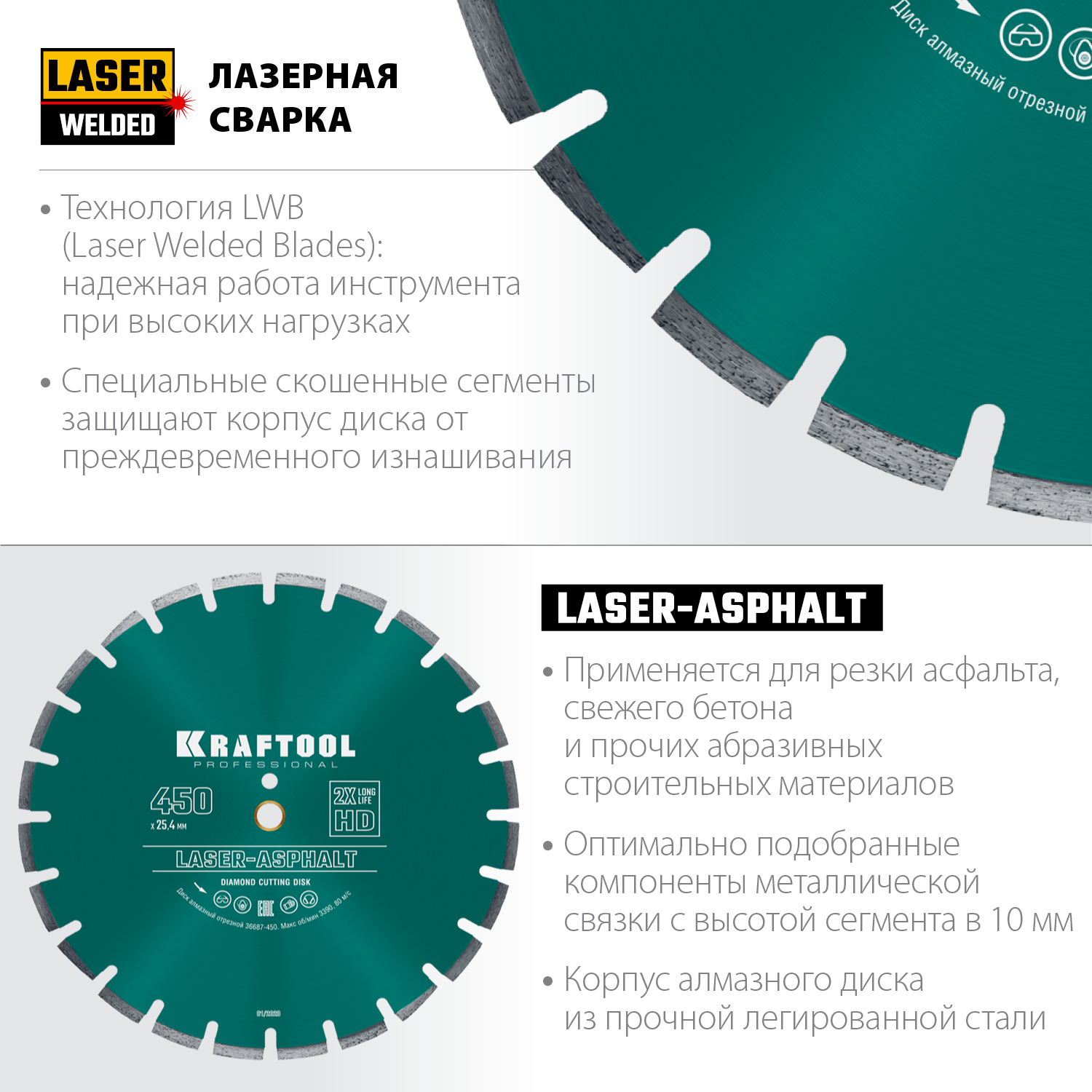 KRAFTOOL Ø 450Х25.4 мм, алмазный, сегментный, по асфальту, диск отрезной LASER-ASPHALT 36687-450 купить по цене 13 750 ₽ в интернет магазине ТЕХСАД