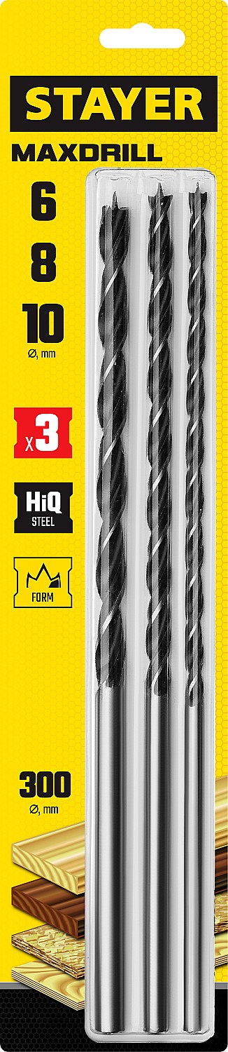 STAYER 3 шт., Ø 6-8-10 мм, набор спиральных сверл по дереву ''Maxdrill'' 2943-300-H3_z01 Master купить по цене 570 ₽ в интернет магазине ТЕХСАД