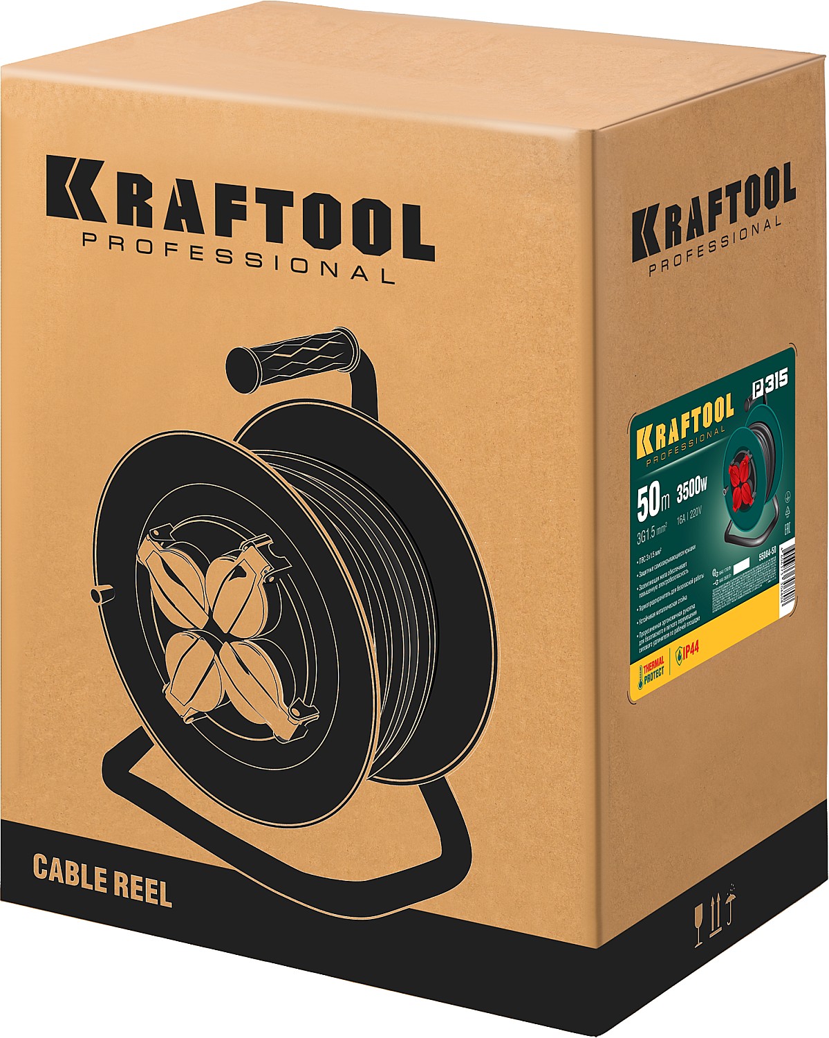 KRAFTOOL 50 м, 3500 Вт, 4 гнезда, IP44, ПВС 3x1,5 кв мм, удлинитель на катушке 55084-50 купить по цене 9 900 ₽ в интернет магазине ТЕХСАД
