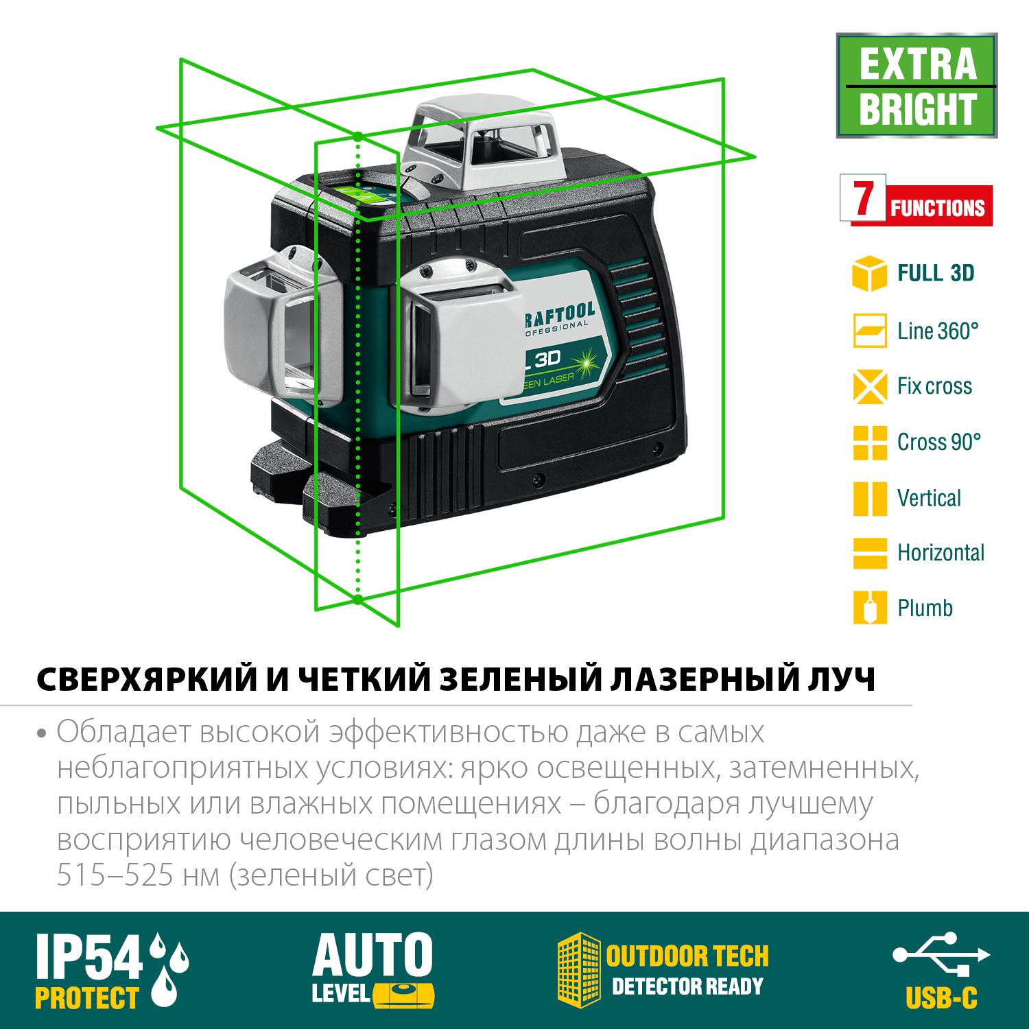 KRAFTOOL зеленый лазерный нивелир LL 3D 34641 Professional купить по цене 21 980 ₽ в интернет магазине ТЕХСАД