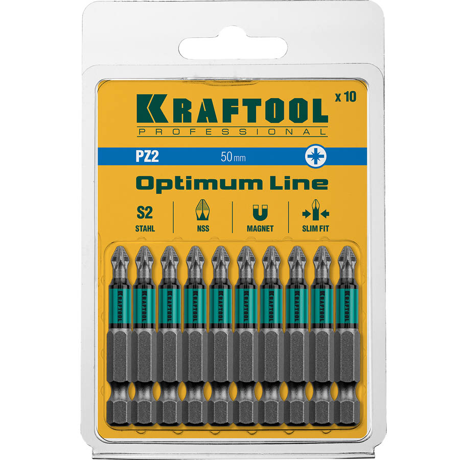 KRAFTOOL PZ2, 50 мм, 10 шт., Cr-Mo сталь, набор бит Optimum Line 26124-2-50-10 купить по цене 490 ₽ в интернет магазине ТЕХСАД