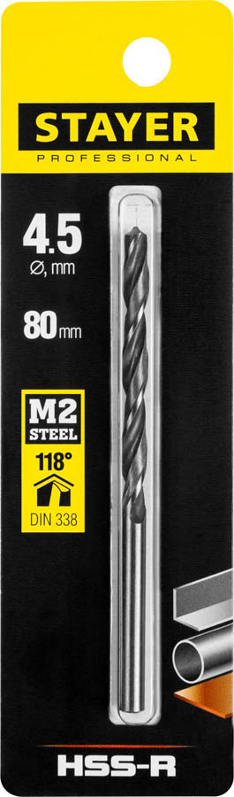 STAYER Ø 4.5 х 80 мм, сверло спиральное по металлу 29602-4.5 Professional купить по цене 85 ₽ в интернет магазине ТЕХСАД