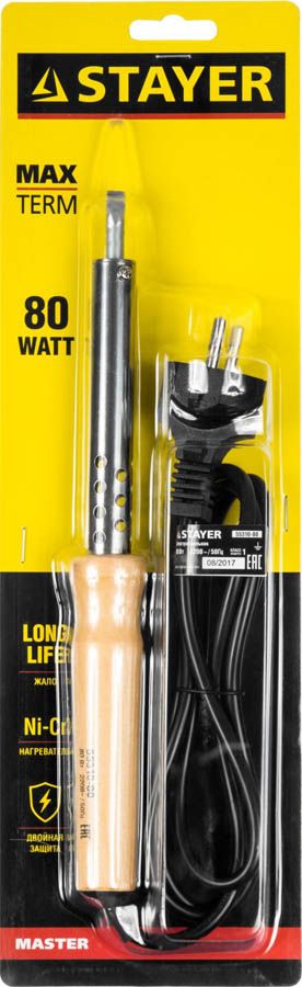 STAYER 80 Вт, 220 В, клин, деревянная рукоятка, электропаяльник Maxterm 55310-80 Master купить по цене 1 000 ₽ в интернет магазине ТЕХСАД
