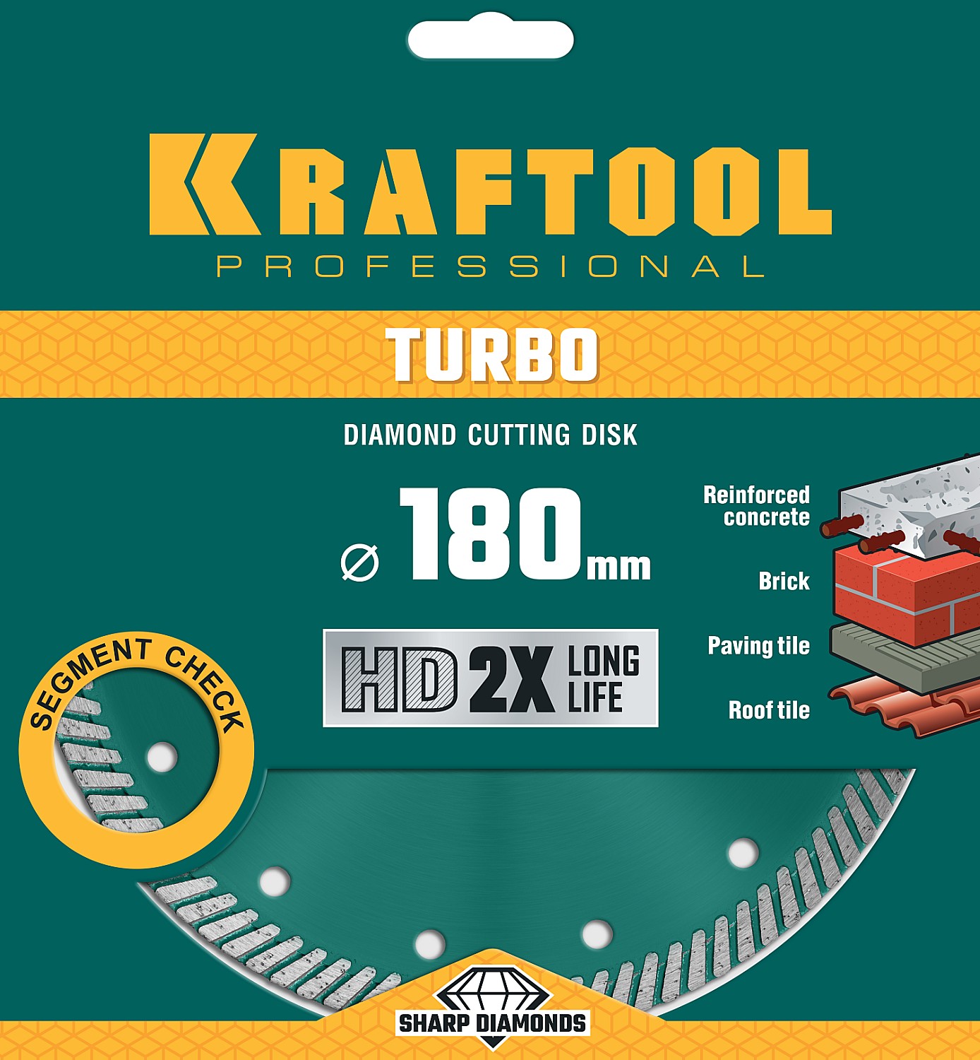 KRAFTOOL Ø 180Х22.2 мм, алмазный, сегментный, по армированному бетону, кирпичу диск отрезной TURBO 36682-180 купить по цене 1 750 ₽ в интернет магазине ТЕХСАД