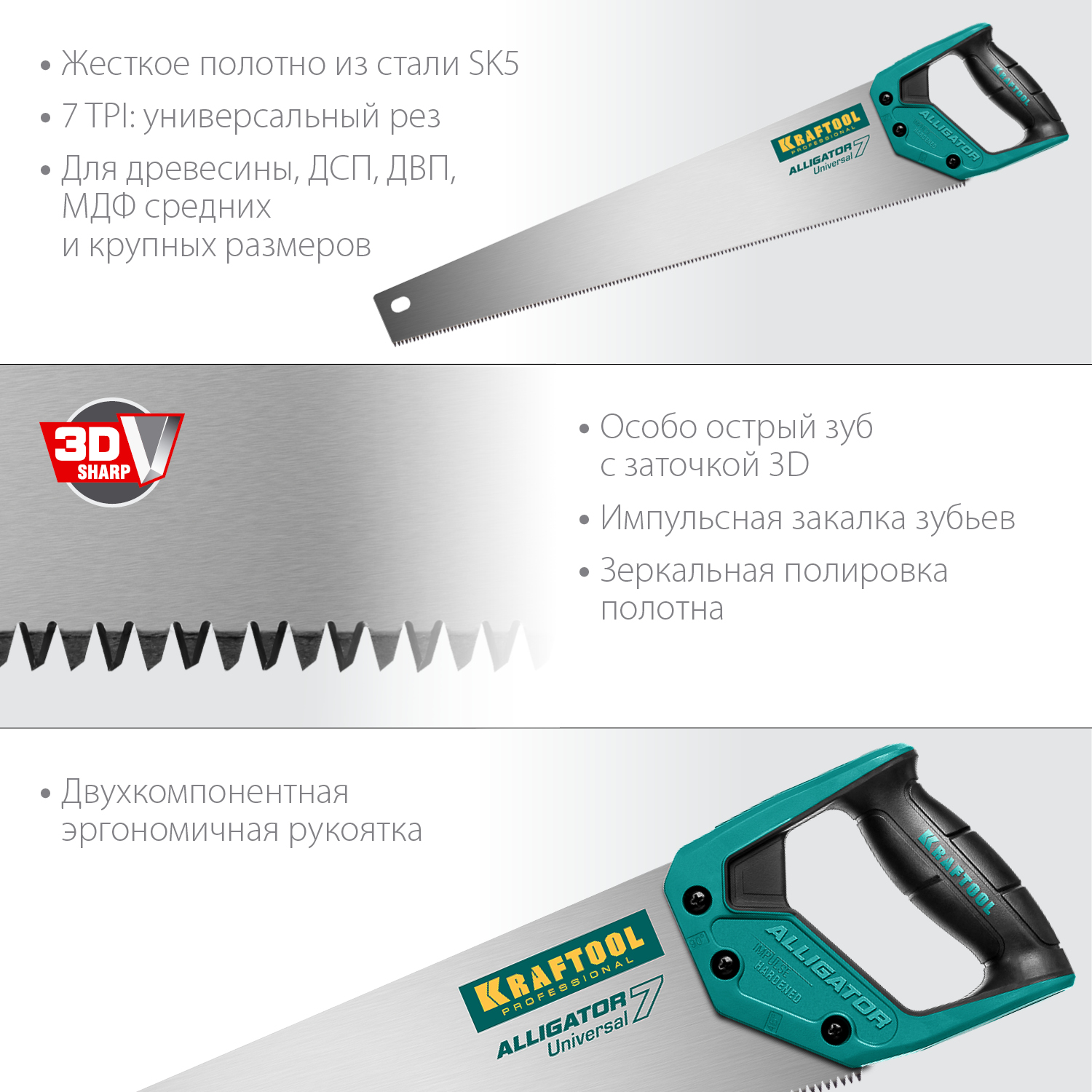 KRAFTOOL 7 TPI, 550 мм, ножовка универсальная Alligator Universal 7 15004-55 купить по цене 1 550 ₽ в интернет магазине ТЕХСАД