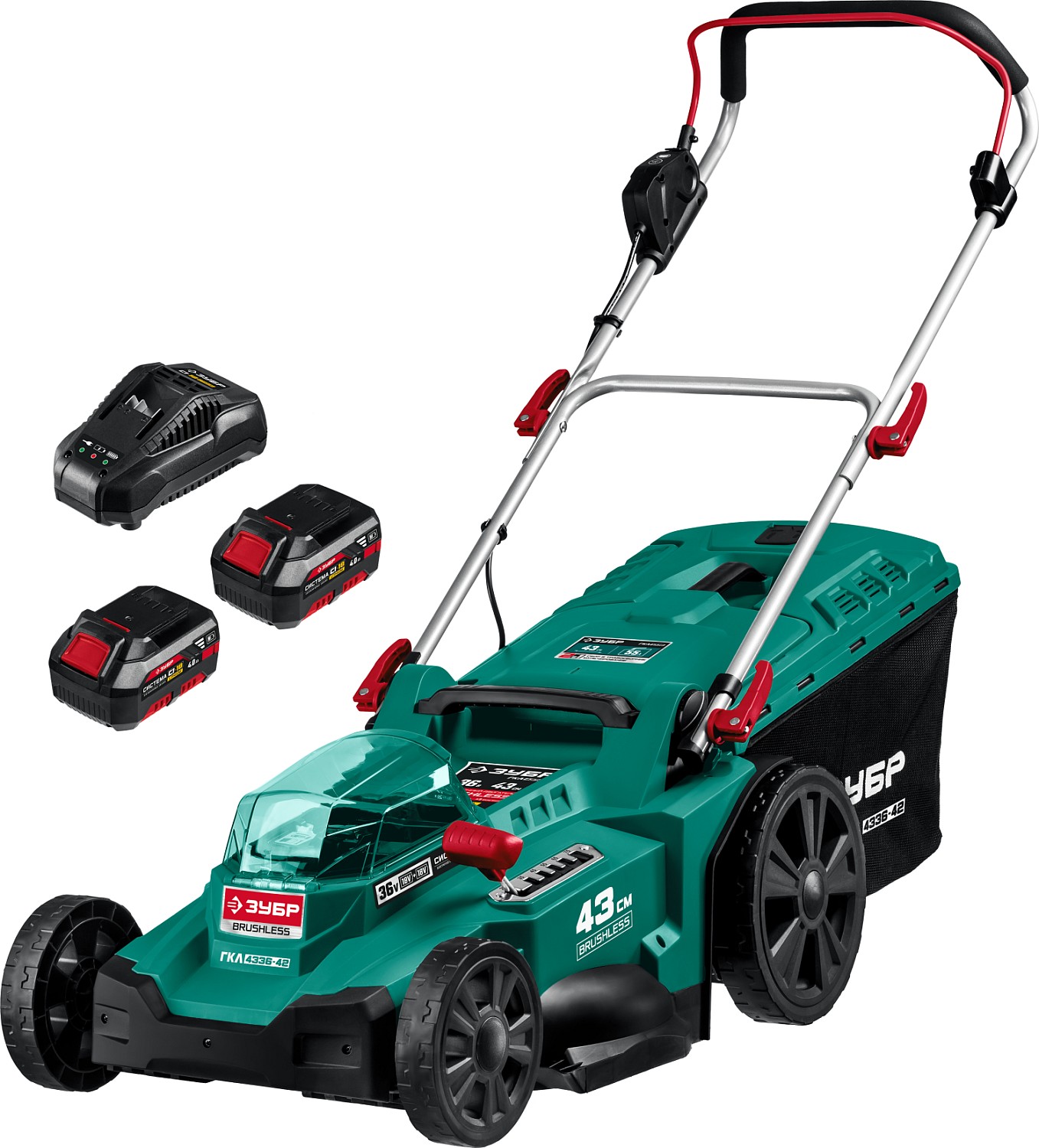 ЗУБР 36В бесщеточная, 2х18В АКБ (4Ач), газонокосилка ГКЛ-4336-42 Мастер купить по цене 33 760 ₽ в интернет магазине ТЕХСАД