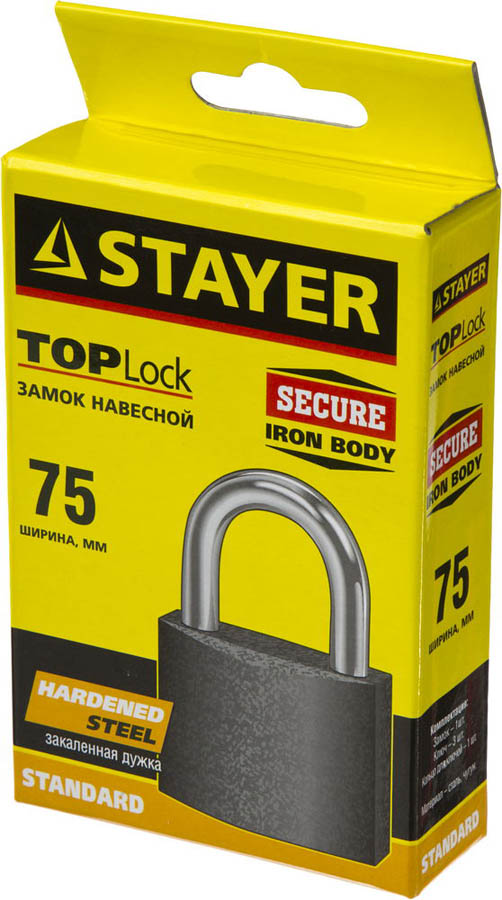 STAYER 75х58х26 мм, металлический корпус, закаленная дужка, замок навесной TOPLock 37160-75 STAYER 75х58х26 мм, металлический корпус, закаленная дужка, замок навесной TOPLock 37160-75 купить по цене 730 ₽ в интернет магазине ТЕХСАД