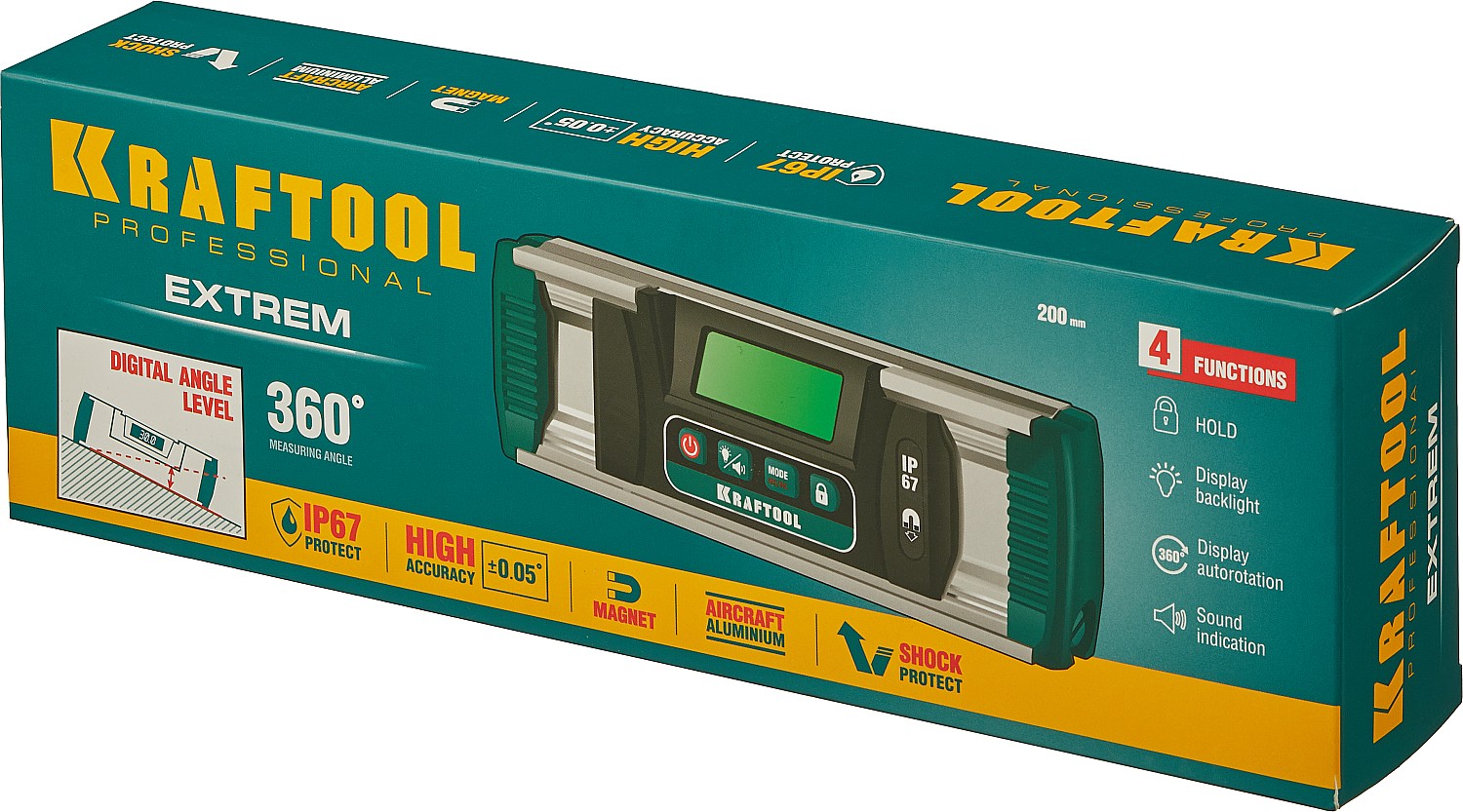 KRAFTOOL диапазон 0-360°, HOLD, подсветка экрана, IP67, точность 0.05°, уровень-уклономер электронный EXTREM 34686 купить по цене 6&nbsp;720 ₽ в интернет магазине ТЕХСАД