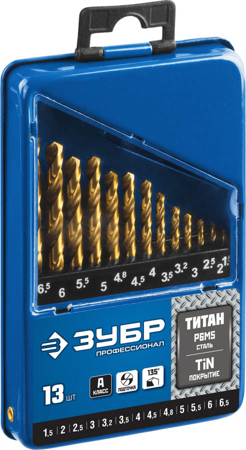 ЗУБР 13 шт. (Ø 1,5-6,5 мм), ТИТАН, Р6М5, класс А, набор сверл по металлу 29615-H13_z01 Профессионал купить по цене 1 360 ₽ в интернет магазине ТЕХСАД