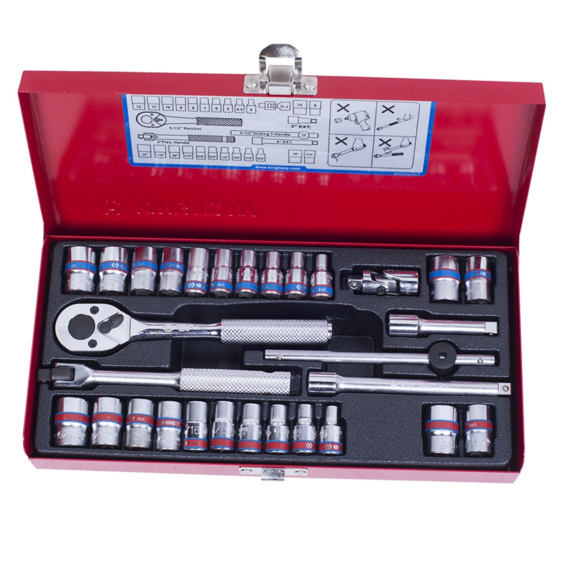 Набор торцевых головок с принадлежностями 1/4'', шестигранные, 4-12 мм, 5/32''-1/2'', 30 предметов KING TONY 2530CR купить по цене 5 060 ₽ в интернет магазине ТЕХСАД