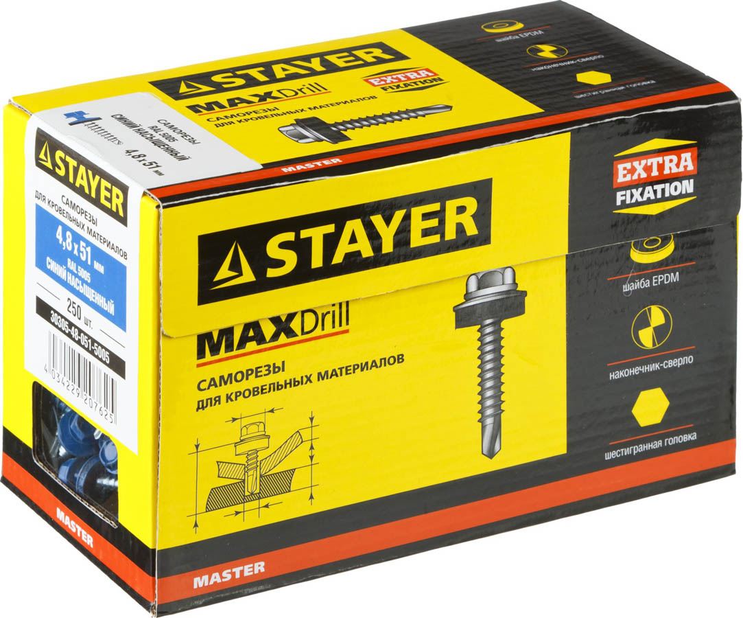 STAYER 51 х 4.8 мм, 250 шт., RAL 5005 синий насыщенный, саморезы СКД кровельные для деревянной обрешетки 30305-48-051-5005 Master STAYER 51 х 4.8 мм, 250 шт., RAL 5005 синий насыщенный, саморезы СКД кровельные для деревянной обрешетки 30305-48-051-5005 Master купить по цене 525 ₽ в интернет магазине ТЕХСАД