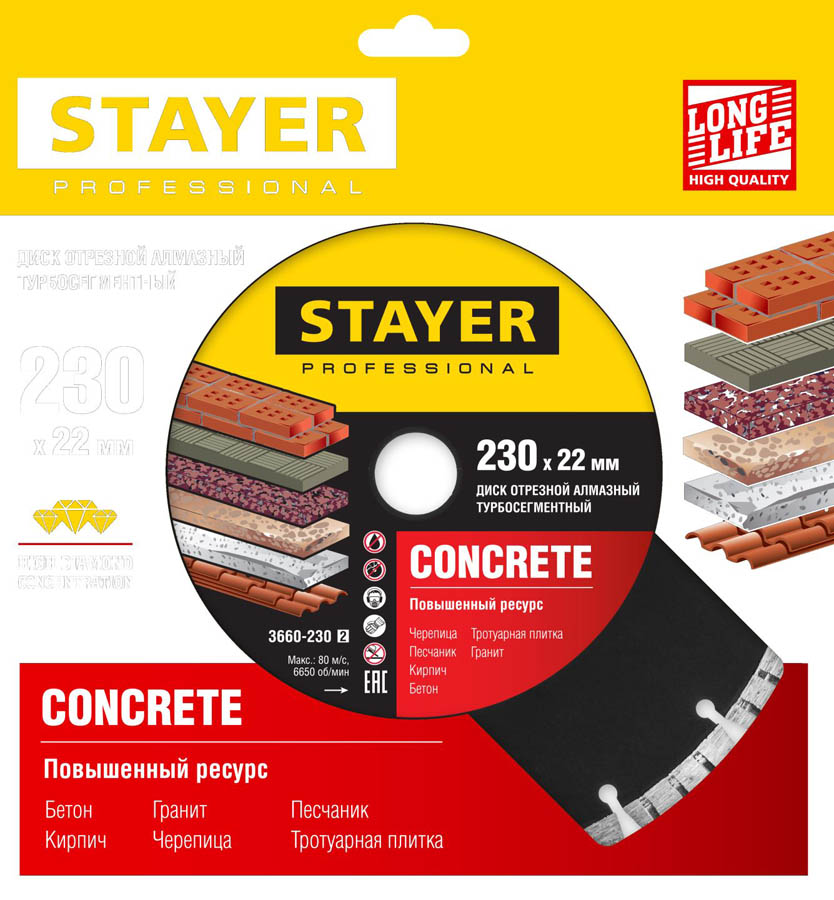 STAYER Ø 230Х22.2 мм, алмазный, турбо-сегментный, диск отрезной CONCRETE 3660-230_z02 Professional купить по цене 1 090 ₽ в интернет магазине ТЕХСАД