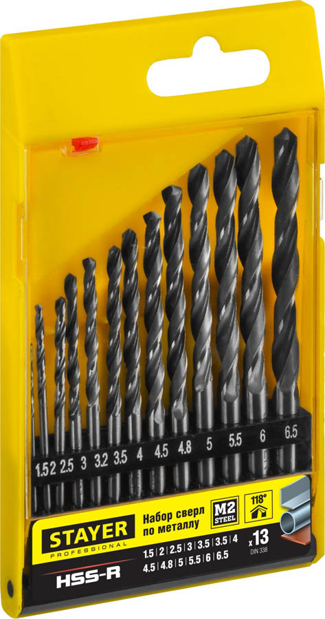 STAYER 13 шт. (Ø 1,5-6,5 мм), HSS-R, набор сверл спиральных по металлу 29602-H13_z01 купить по цене 840 ₽ в интернет магазине ТЕХСАД