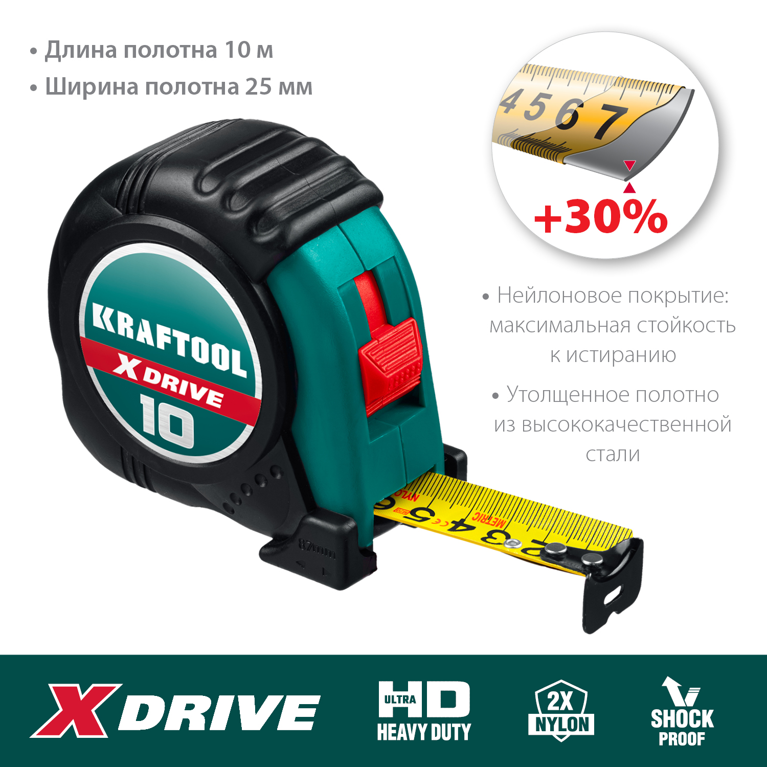 KRAFTOOL 10 м х 25 мм, ударостойкий обрезиненный корпус, рулетка X-Drive 34122-10 купить по цене 1&nbsp;050 ₽ в интернет магазине ТЕХСАД