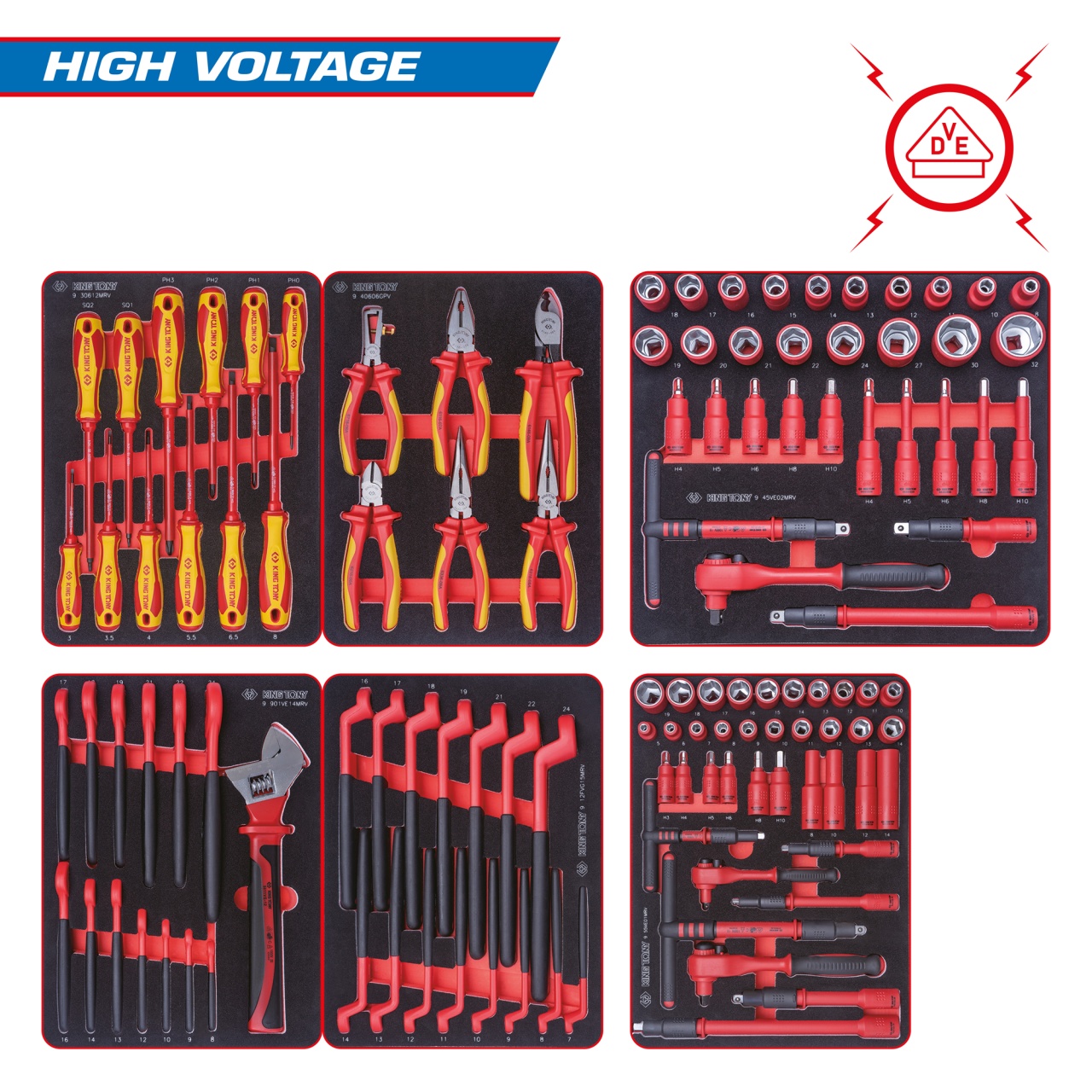 Набор инструментов ''HIGH VOLTAGE'' для тележки, 6 ложементов, 117 предметов KING TONY 932-117VEMRVD купить по цене 188 700 ₽ в интернет магазине ТЕХСАД