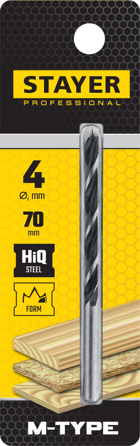 STAYER d=4 х 70/40 мм, М-образная заточка, сталь HCS, спиральное сверло по дереву ''M-type'' 2942-070-04_z02 купить по цене 58 ₽ в интернет магазине ТЕХСАД