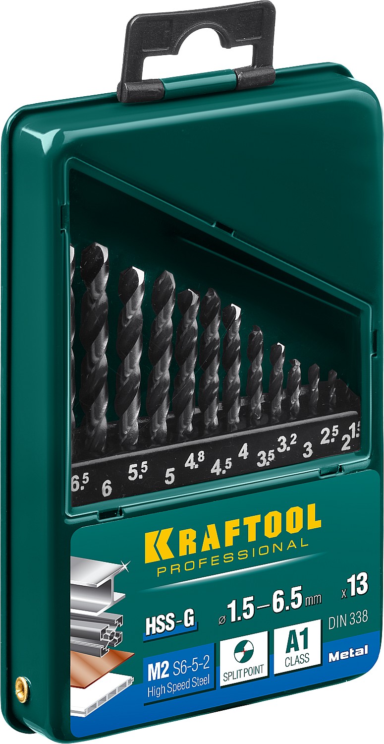KRAFTOOL 13 шт. (Ø 1,5-6,5 мм), класс A, HSS-G, сталь М2(S6-5-2), набор сверл по металлу 29651-H13 купить по цене 1 390 ₽ в интернет магазине ТЕХСАД