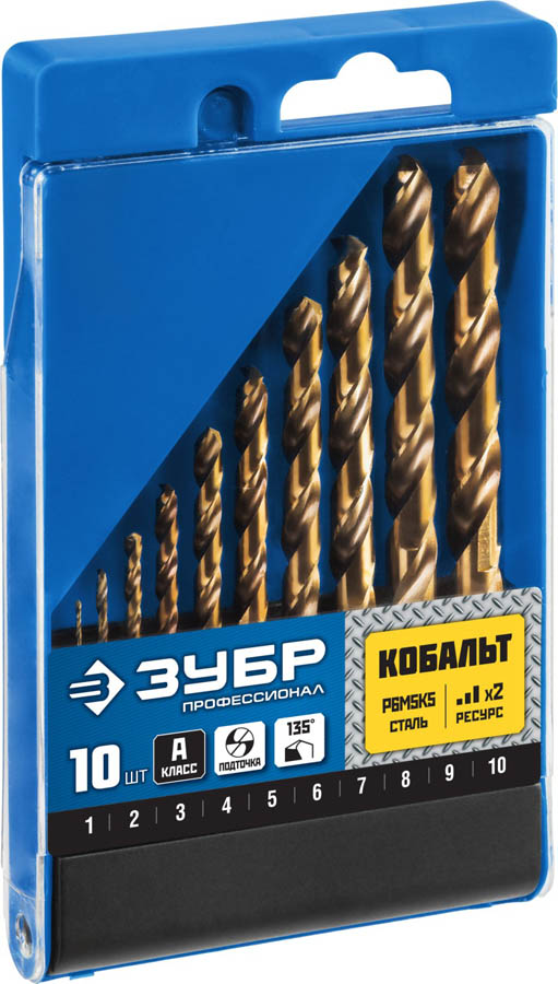 ЗУБР 10 шт. (Ø 1-10 мм), класс А, Р6М5К5, набор сверл по металлу 29626-H10_z01 Профессионал купить по цене 2 590 ₽ в интернет магазине ТЕХСАД