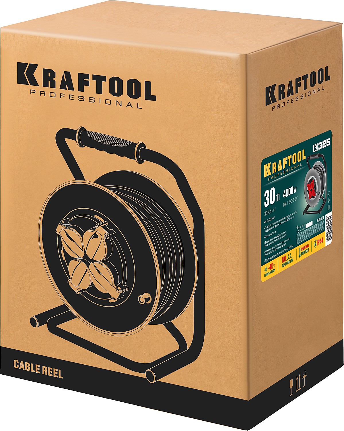 KRAFTOOL 30 м, 4000 Вт, 4 гнезда, IP44, КГ 3x2,5 кв мм, удлинитель на катушке 55086-30 купить по цене 13 810 ₽ в интернет магазине ТЕХСАД