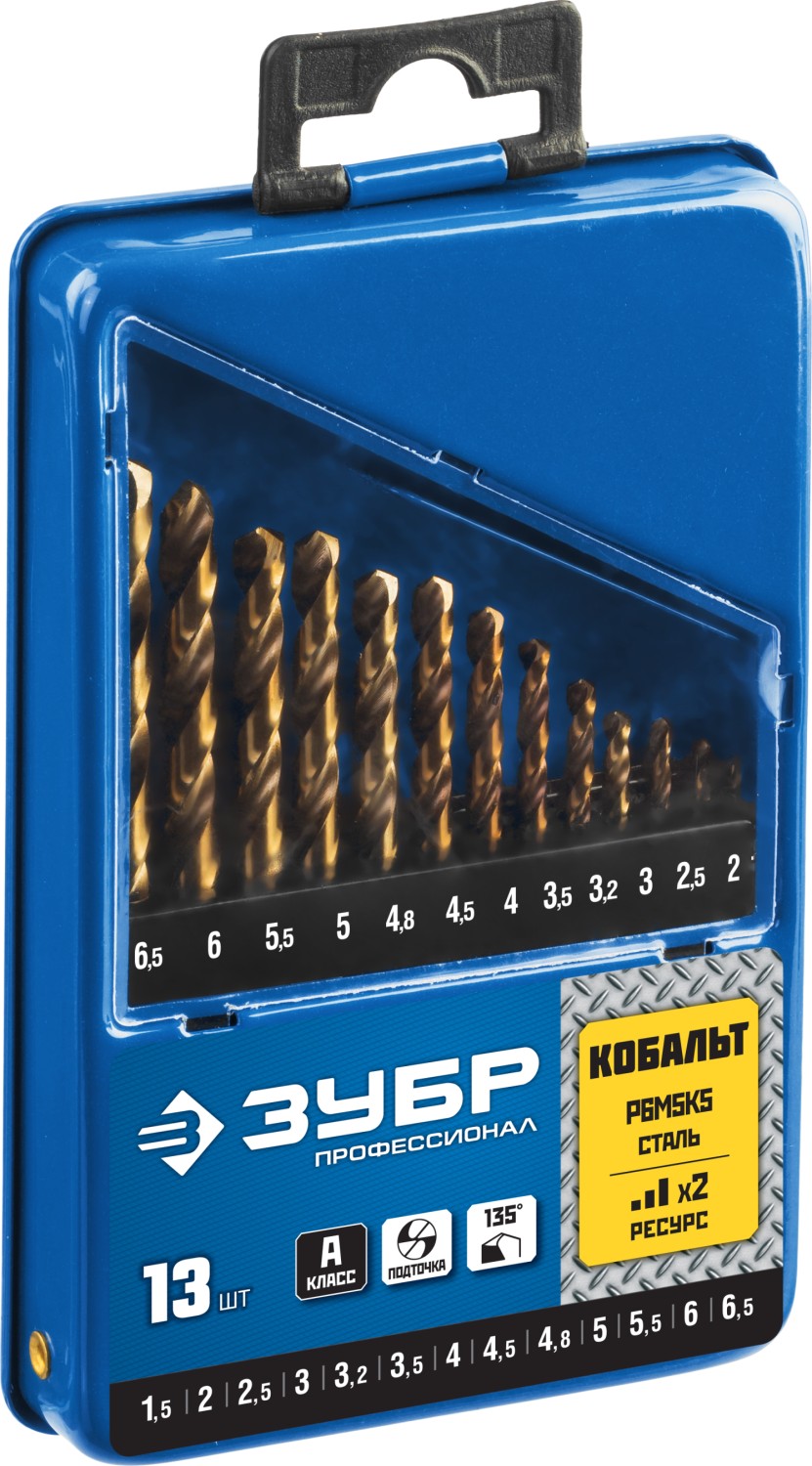 ЗУБР 13 шт. (Ø 1,5-6,5 мм), класс А, Р6М5К5, набор сверл по металлу 29626-H13 Профессионал купить по цене 1 730 ₽ в интернет магазине ТЕХСАД