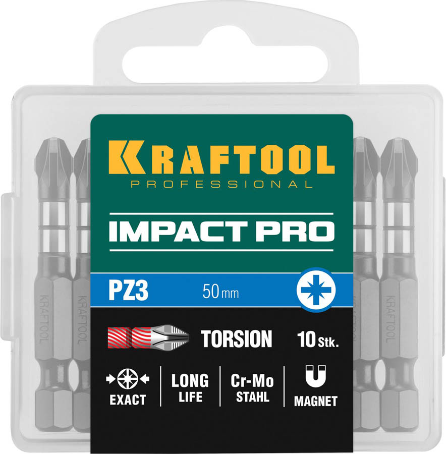 KRAFTOOL 50 мм, 10  шт., PZ3, профессиональные ударные биты Impact Pro 26193-3-50-S10 купить по цене 1 050 ₽ в интернет магазине ТЕХСАД