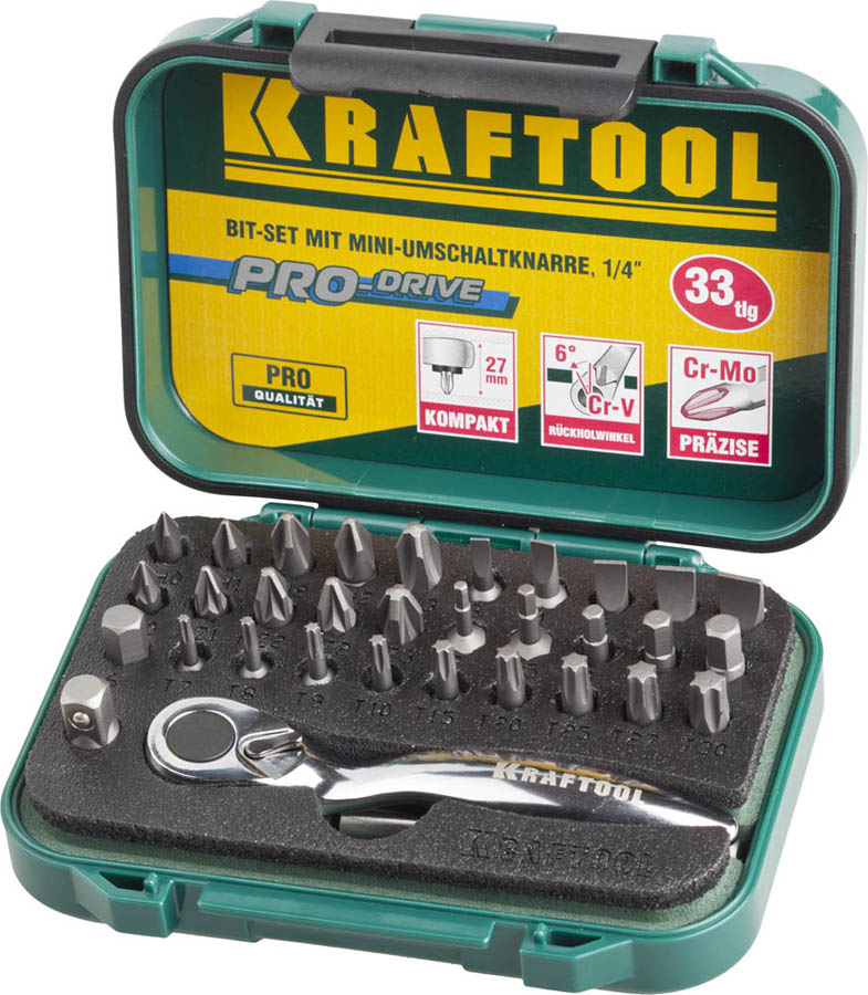 KRAFTOOL 33 шт., Cr-V, набор битов с мини-трещоткой 26157-H33 Профессионал купить по цене 2 600 ₽ в интернет магазине ТЕХСАД