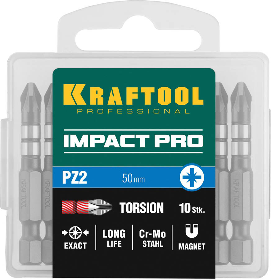 KRAFTOOL 50 мм, 10  шт., PZ2, профессиональные ударные биты Impact Pro 26193-2-50-S10 купить по цене 1 050 ₽ в интернет магазине ТЕХСАД