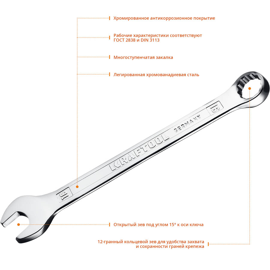 KRAFTOOL 16 мм, комбинированный гаечный ключ 27079-16_z01 купить по цене 328 ₽ в интернет магазине ТЕХСАД