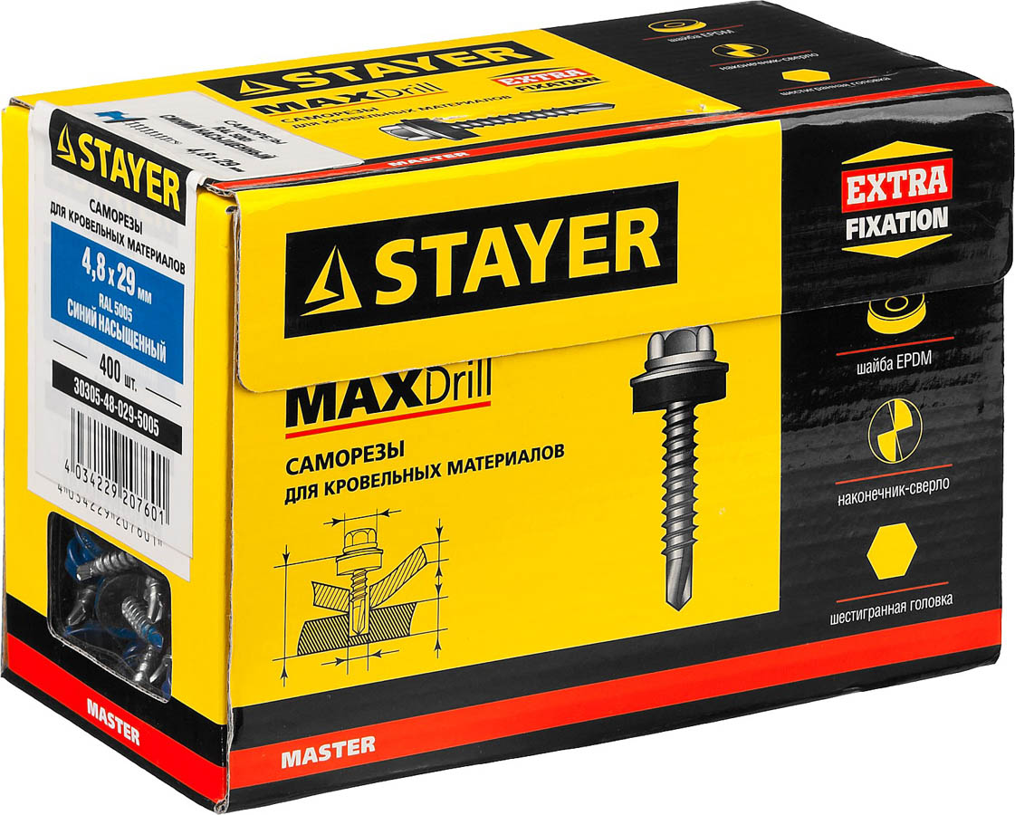 STAYER 29 x 4.8 мм, 400 шт., RAL 5005 синий насыщенный, саморезы СКД кровельные для деревянной обрешетки 30305-48-029-5005 Master STAYER 29 x 4.8 мм, 400 шт., RAL 5005 синий насыщенный, саморезы СКД кровельные для деревянной обрешетки 30305-48-029-5005 Master купить по цене 676 ₽ в интернет магазине ТЕХСАД