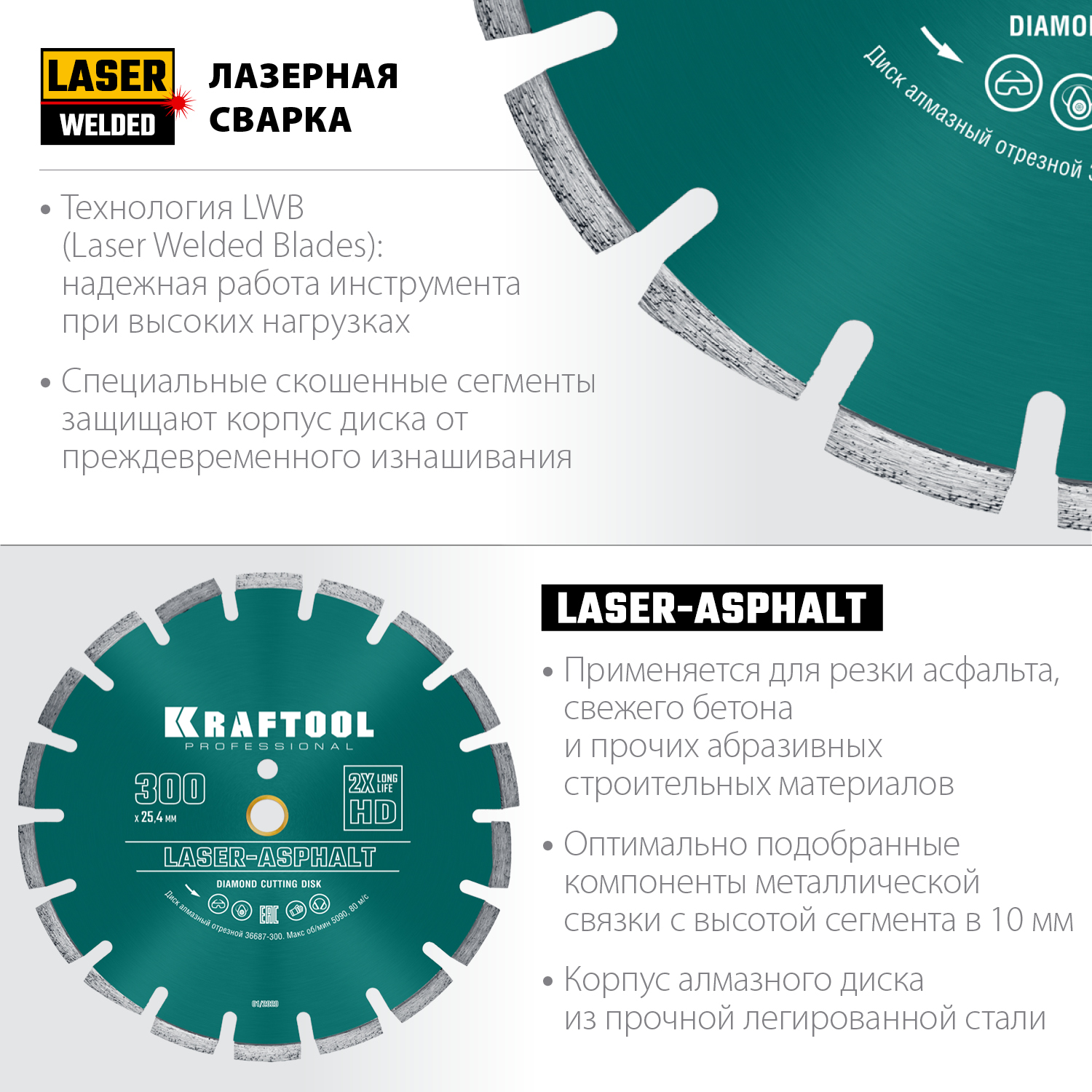KRAFTOOL Ø 300Х25.4 мм, алмазный, сегментный, по асфальту, диск отрезной LASER-ASPHALT 36687-300 купить по цене 6 510 ₽ в интернет магазине ТЕХСАД