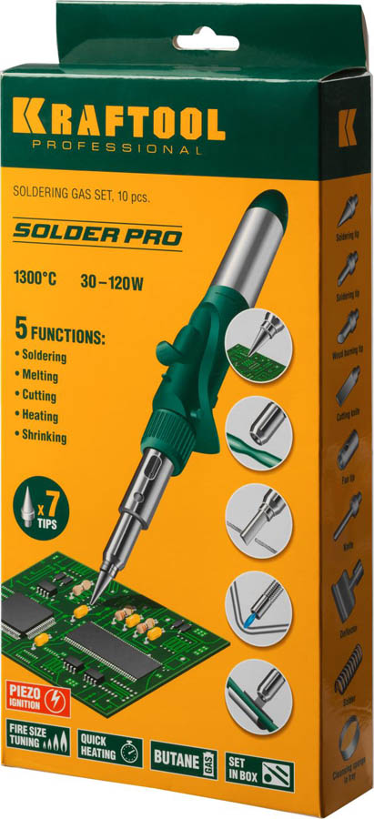 KRAFTOOL 5 насадок, 1300 °C, пьезоподжиг, паяльник газовый Pro в наборе 55503-H10 купить по цене 3&nbsp;540 ₽ в интернет магазине ТЕХСАД