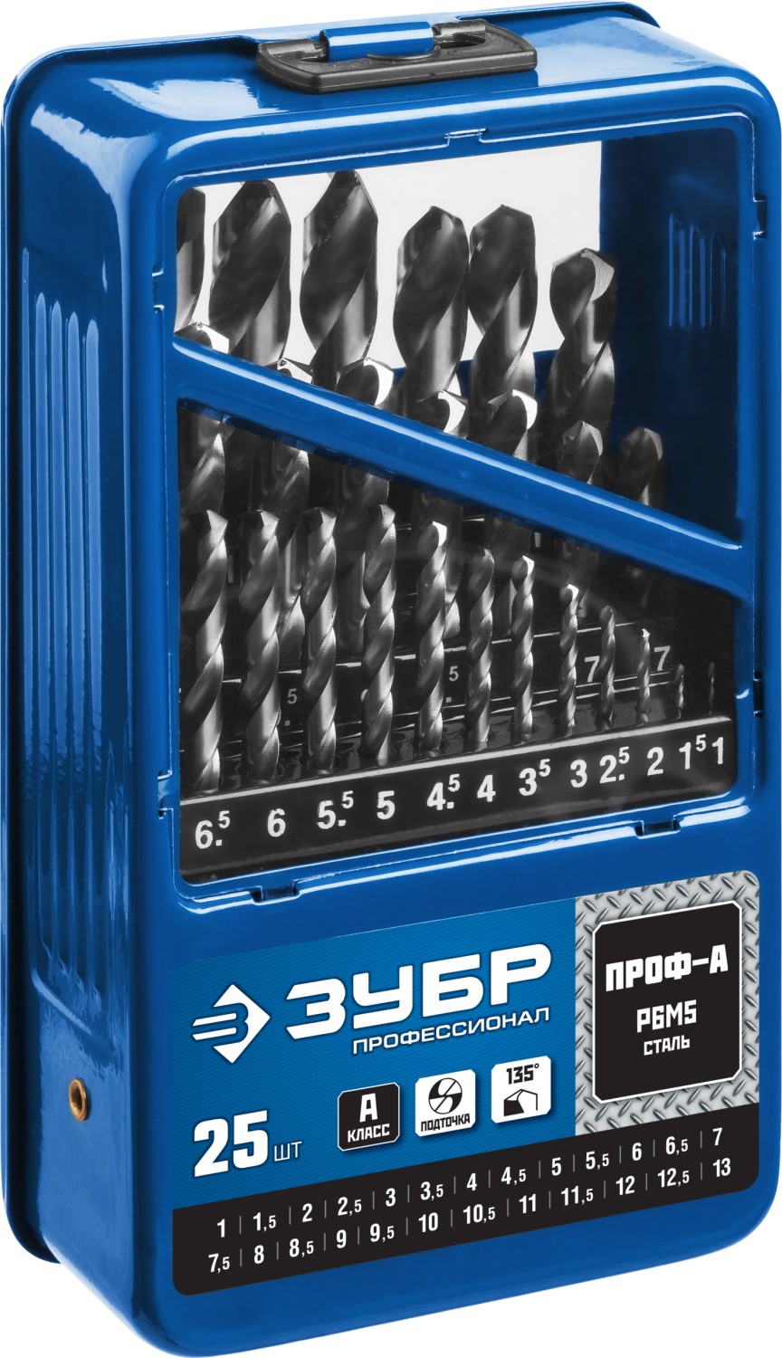 ЗУБР 25 шт. (Ø 1-13 мм), класс A, сталь Р6М5, набор сверл по металлу 29625-H25 купить по цене 7 360 ₽ в интернет магазине ТЕХСАД