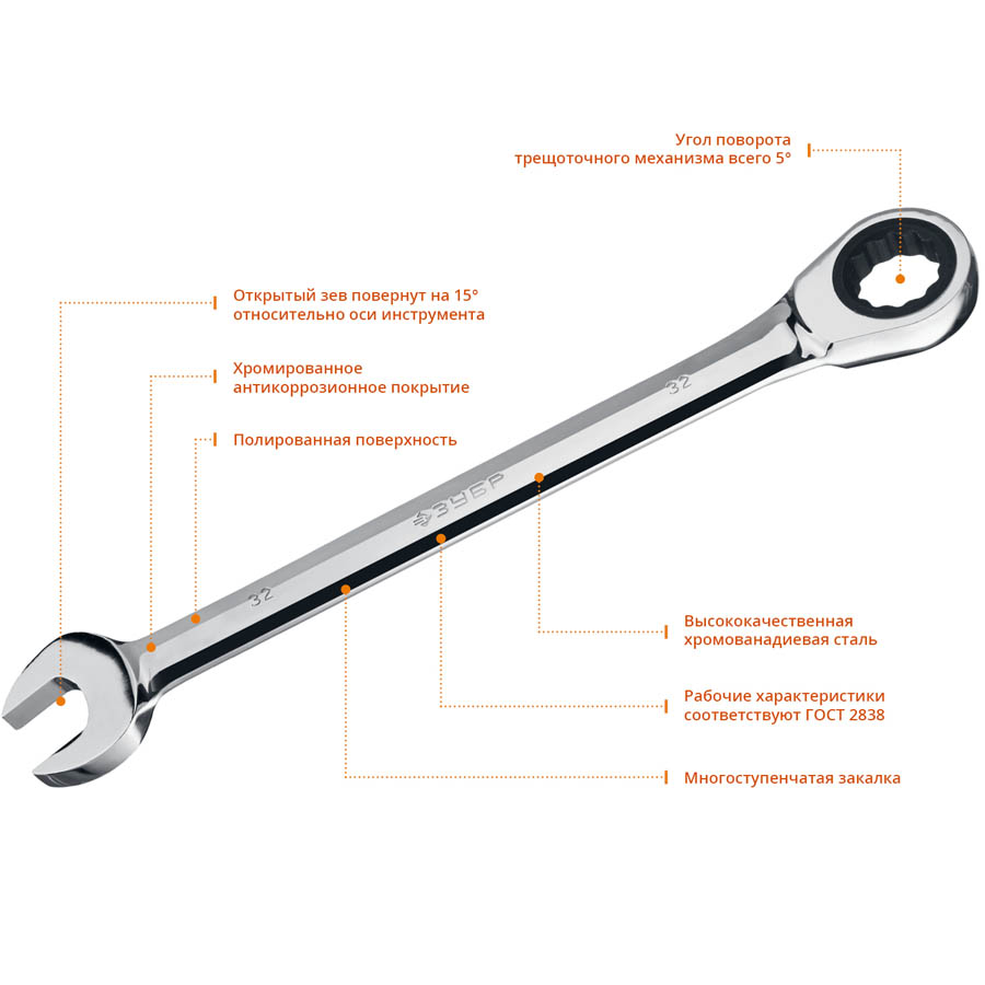 ЗУБР 32 мм, комбинированный гаечный ключ трещоточный 27074-32 купить по цене 1 870 ₽ в интернет магазине ТЕХСАД