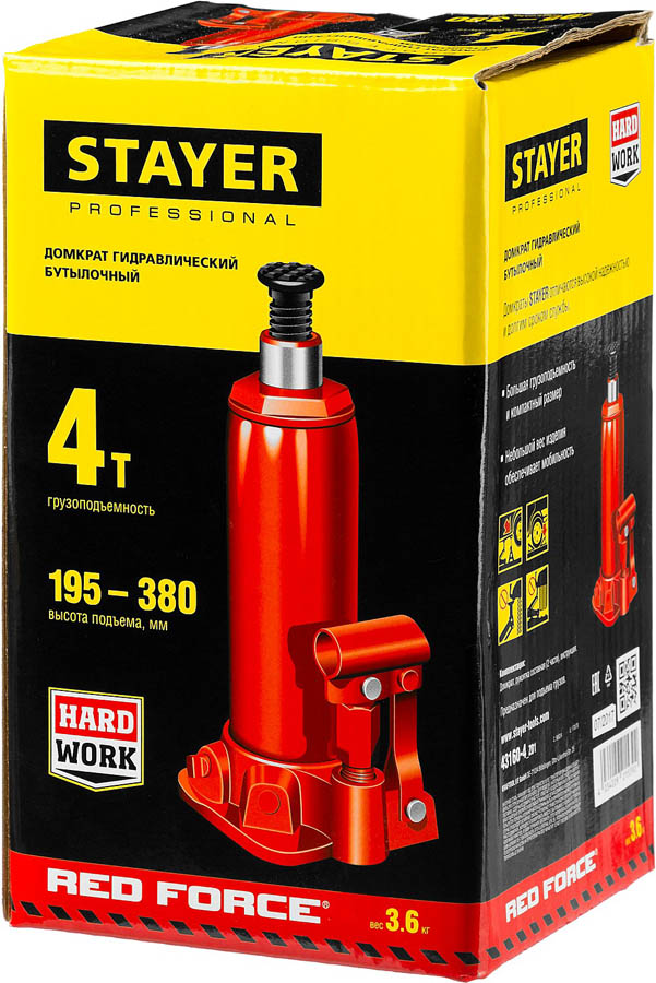 STAYER 4 т, 195-380 мм, домкрат бутылочный гидравлический RED FORCE 43160-4_z01 Professional купить по цене 1&nbsp;940 ₽ в интернет магазине ТЕХСАД