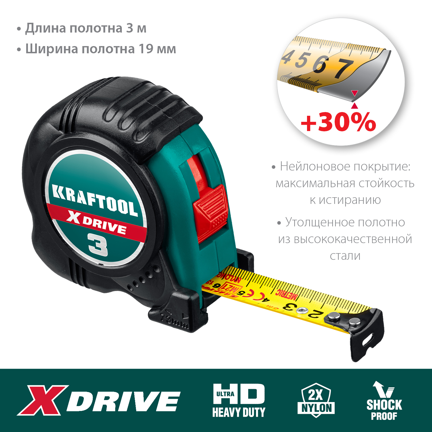 KRAFTOOL 3 м х 19 мм, ударостойкий обрезиненный корпус, рулетка X-Drive 34122-03-19_z02 купить по цене 450 ₽ в интернет магазине ТЕХСАД