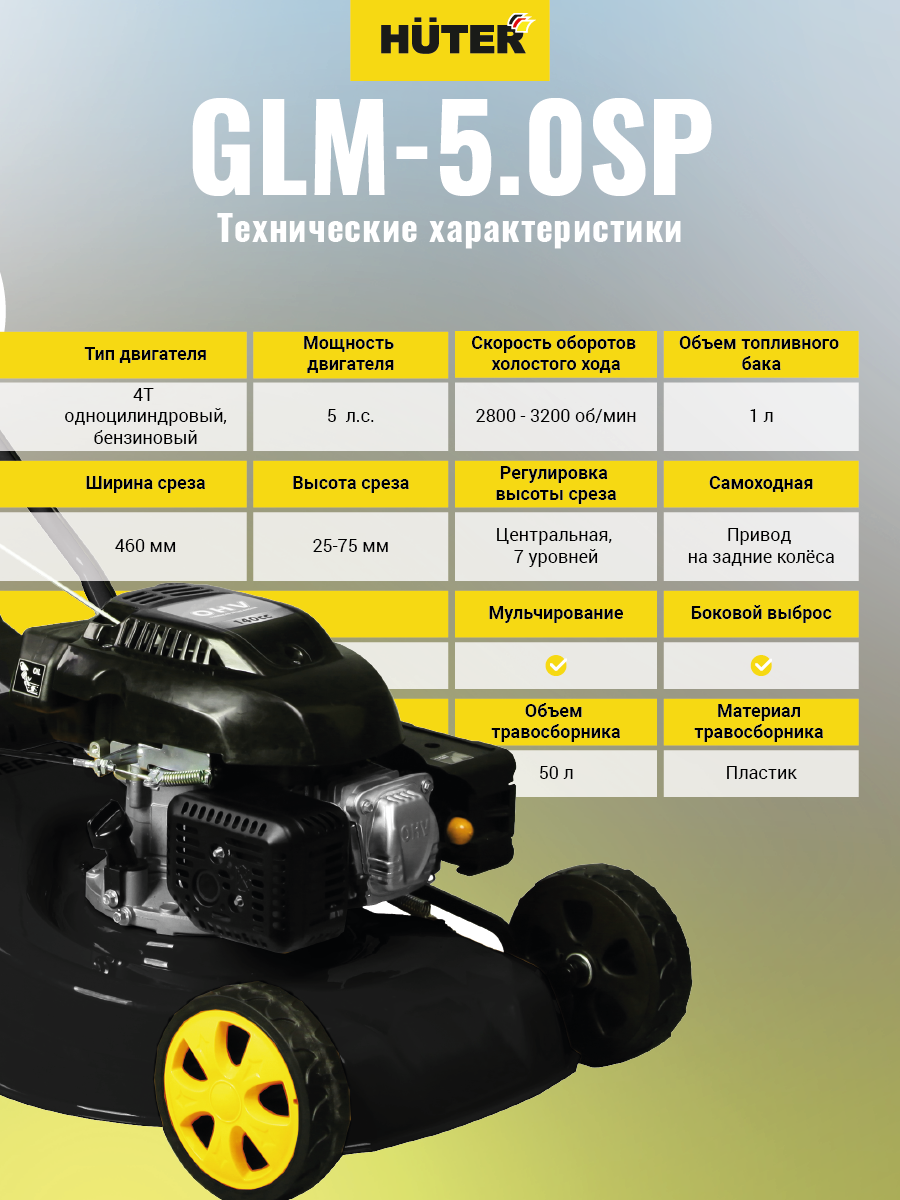 Газонокосилка бензиновая HUTER GLM-5.0 SP купить по цене 27&nbsp;261 ₽ в интернет магазине ТЕХСАД