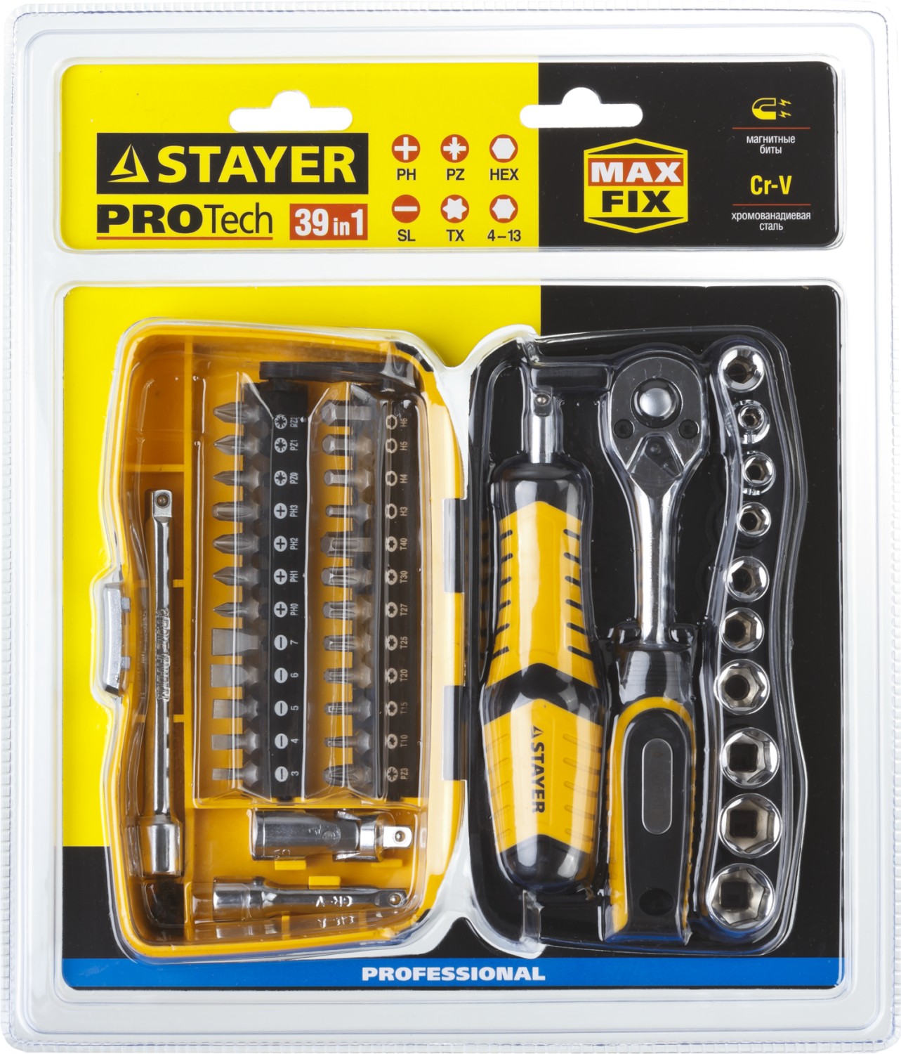 STAYER 39 шт., биты и торцовые головки с трещоткой и воротком 25135-H39 купить по цене 3 200 ₽ в интернет магазине ТЕХСАД