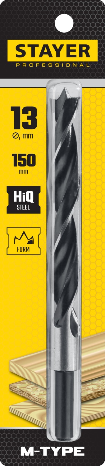 STAYER d=13 х 150/95 мм, М-образная заточка, сталь HCS, спиральное сверло по дереву ''M-type'' 2942-150-13_z02 купить по цене 141 ₽ в интернет магазине ТЕХСАД