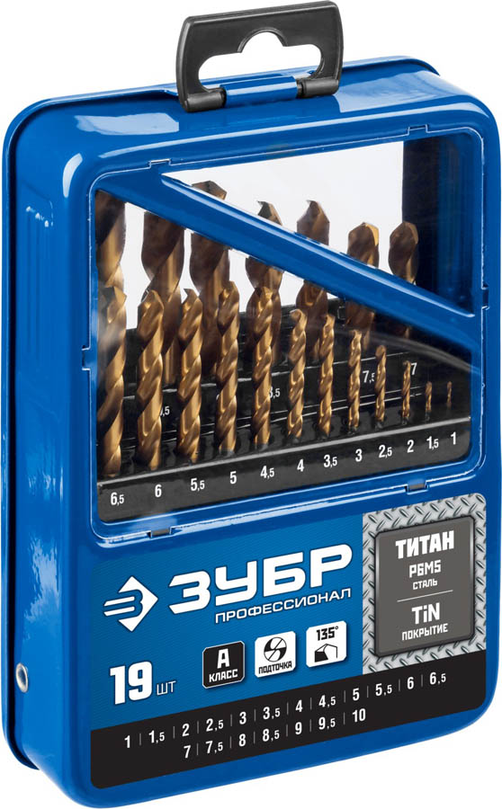ЗУБР 19 шт. (Ø 1-10 мм), ТИТАН, Р6М5, класс А, набор сверл по металлу 29617-H19_z01 Профессионал купить по цене 3 590 ₽ в интернет магазине ТЕХСАД
