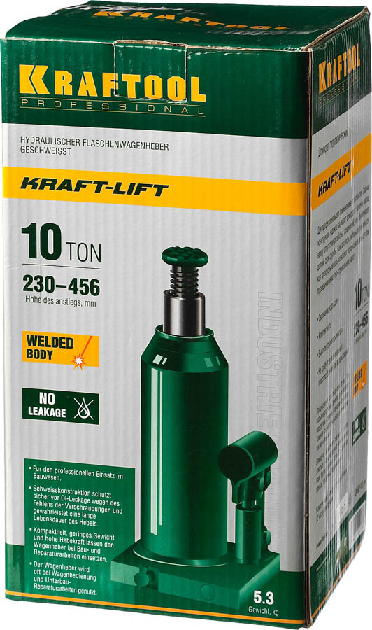 KRAFTOOL 10 т, 230-456 мм, домкрат гидравлический бутылочный сварной Kraft-Lift 43462-10_z01 купить по цене 4&nbsp;070 ₽ в интернет магазине ТЕХСАД